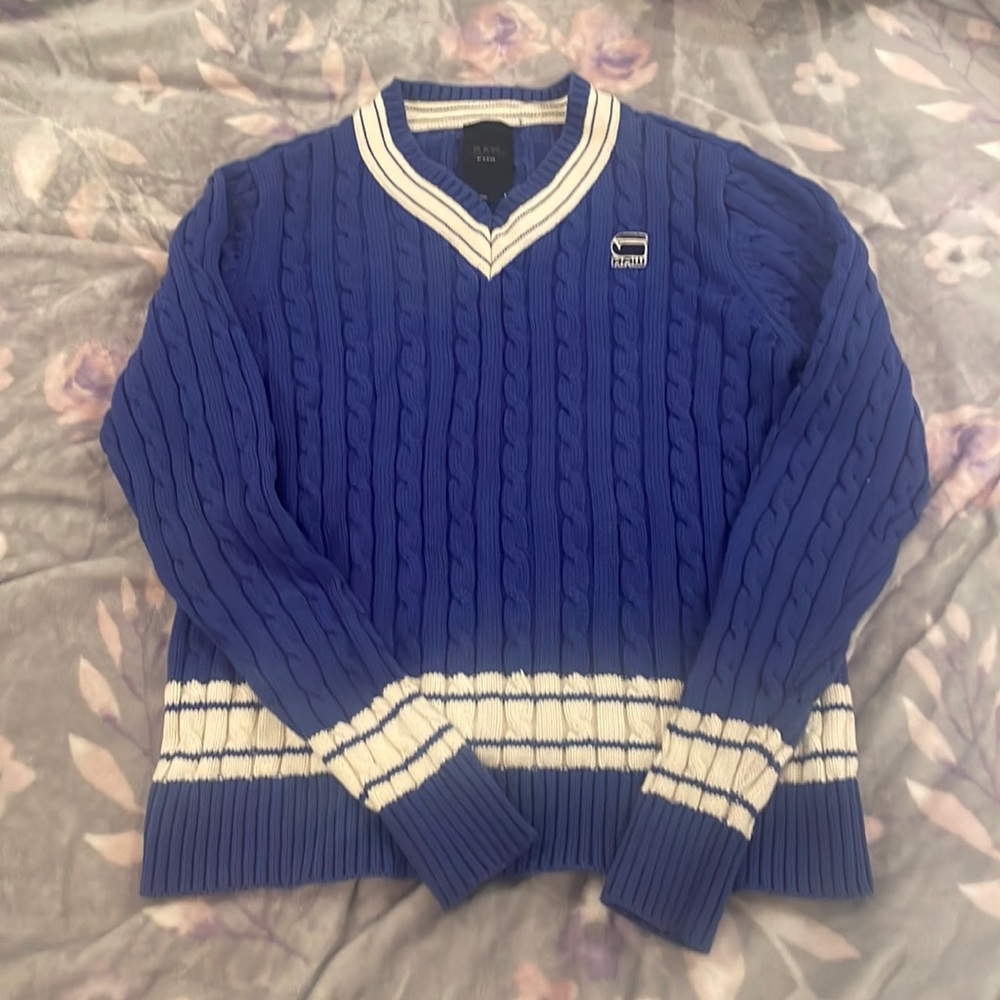 G-Star Royal Blue & White Cable Knit V Neck Sweater